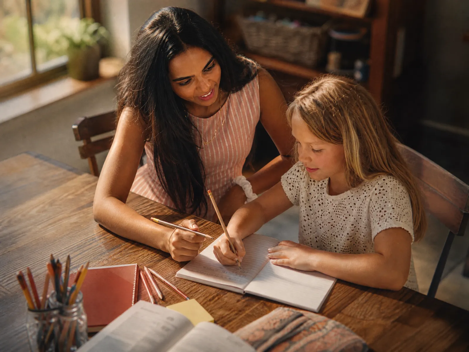 Ein Au-pair und ein Kind sitzen am Tisch und schreiben zusammen