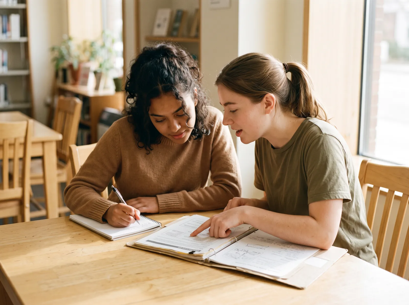 Zwei junge Frauen arbeiten gemeinsam an einem Schulungsordner.