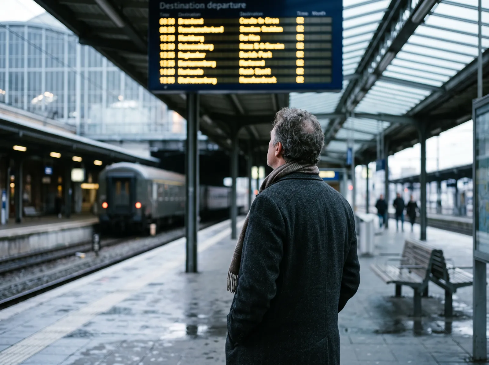 Ein Mann steht am Bahnsteig und blickt zur Anzeigetafel.
