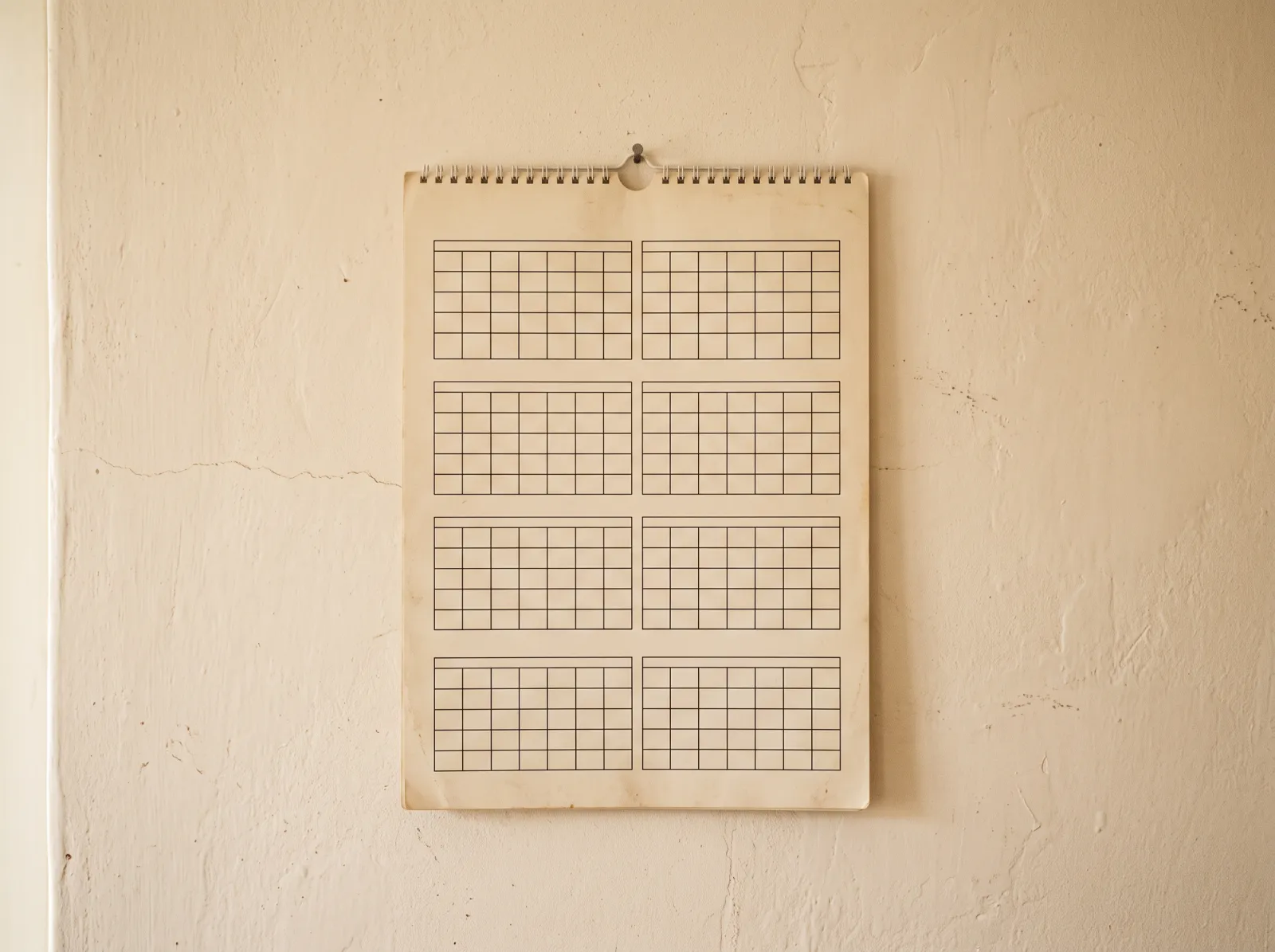 Ein Jahreskalender hängt an einer hellen Wand.