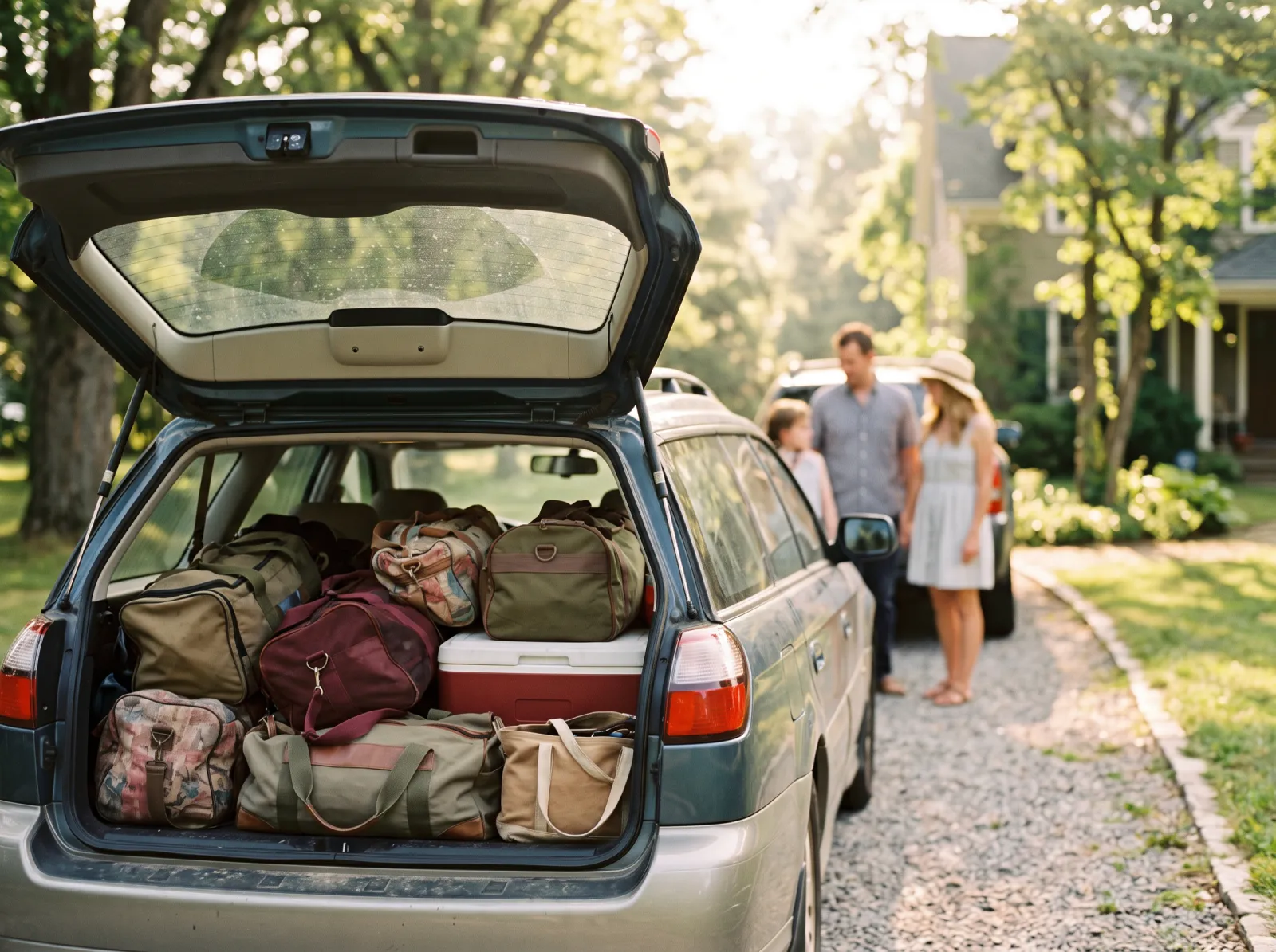 Ein gepackter Kofferraum, dahinter eine Familie im Sommerlicht.