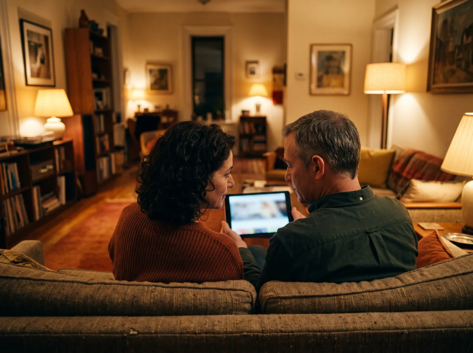 Ein Paar sitzt abends auf dem Sofa und schaut gemeinsam auf ein Tablet.