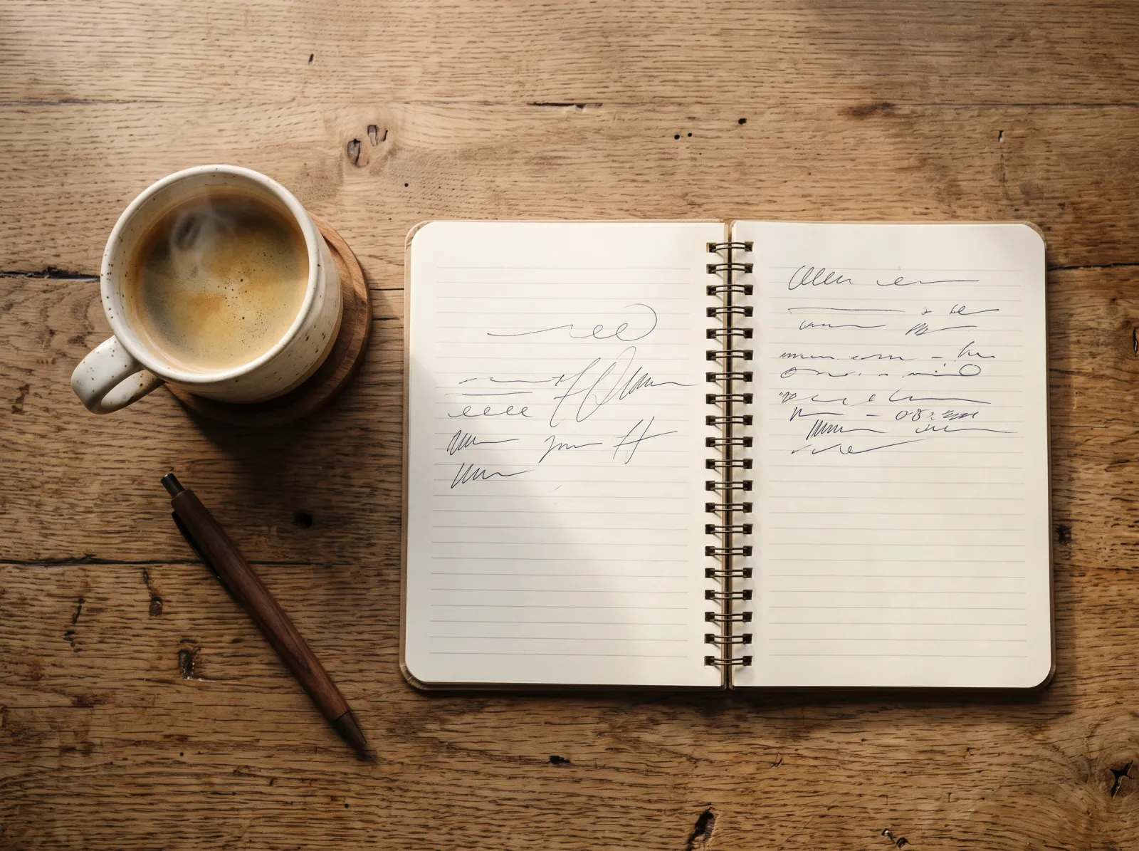 Ein Haushaltsbuch und eine Kaffeetasse auf einem Holztisch.