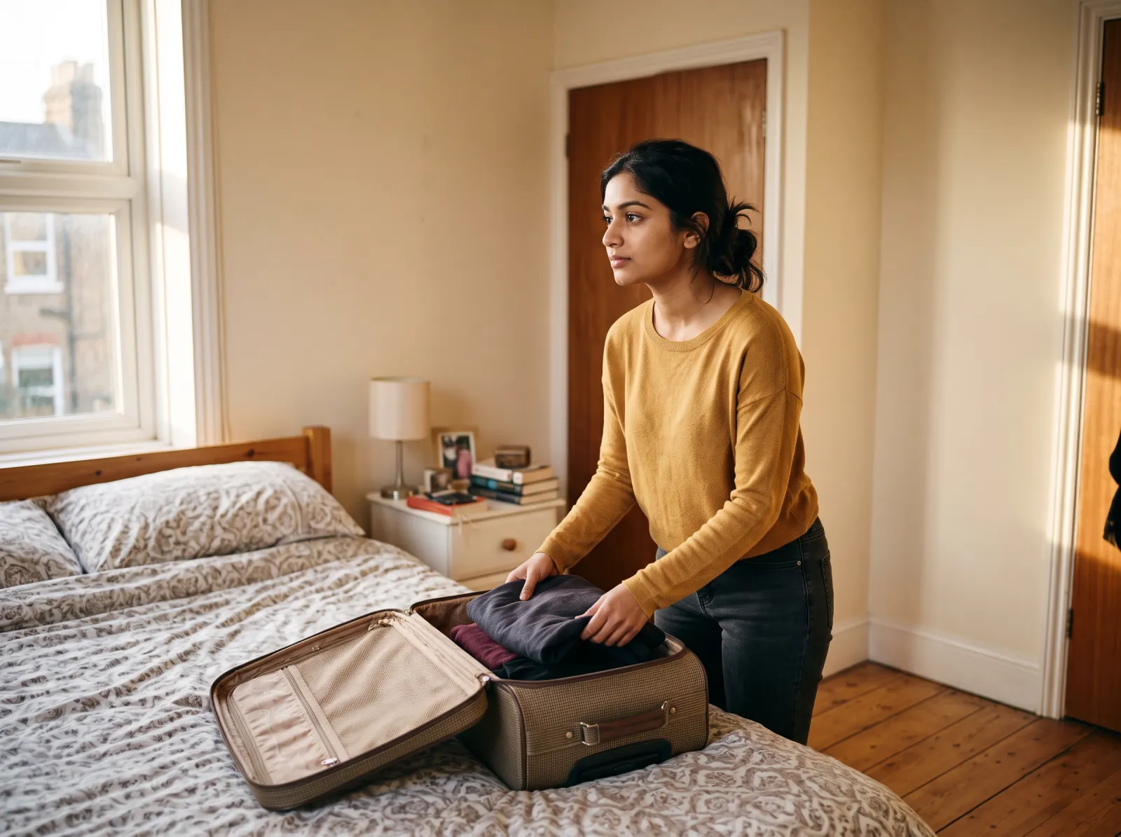 Eine junge Frau packt in ihrem Zimmer einen Koffer.