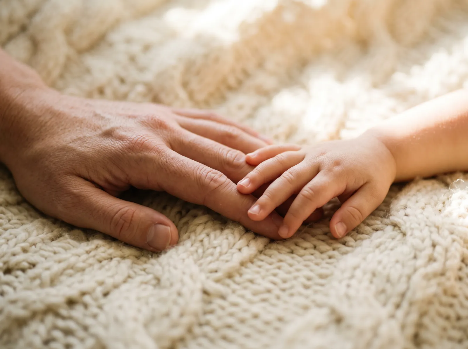Eine erwachsene und eine kleine Hand liegen nebeneinander auf einer Decke.