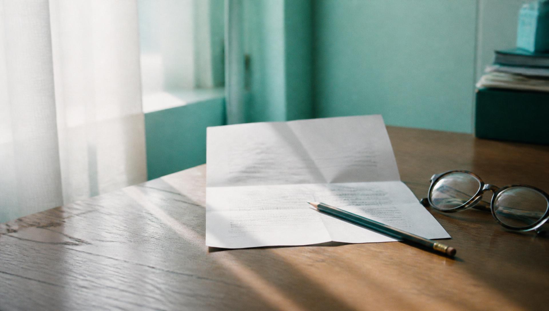 Aufgeschlagener Brief auf einem Holztisch, daneben ein Bleistift und eine Lesebrille