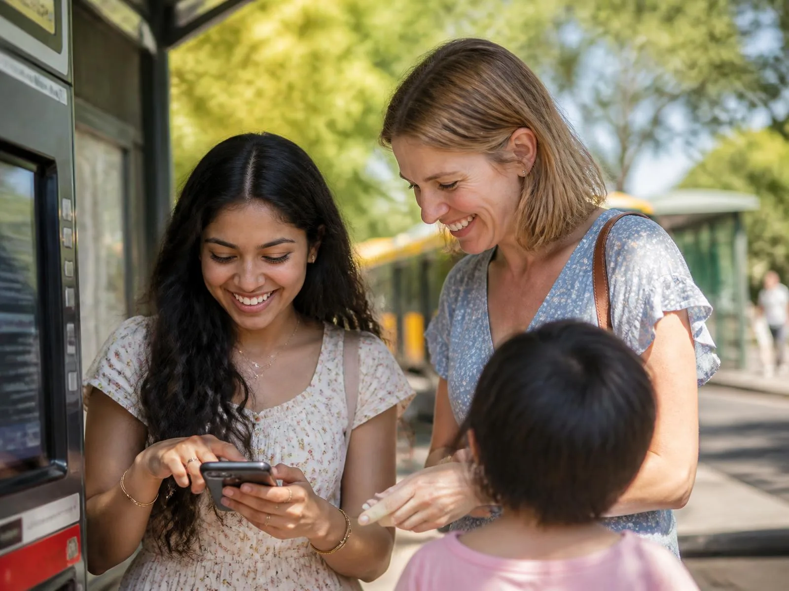 Au-pair und Gastmutter stehen an einer sonnigen Haltestelle und schauen gemeinsam auf ein Ticket-Display.