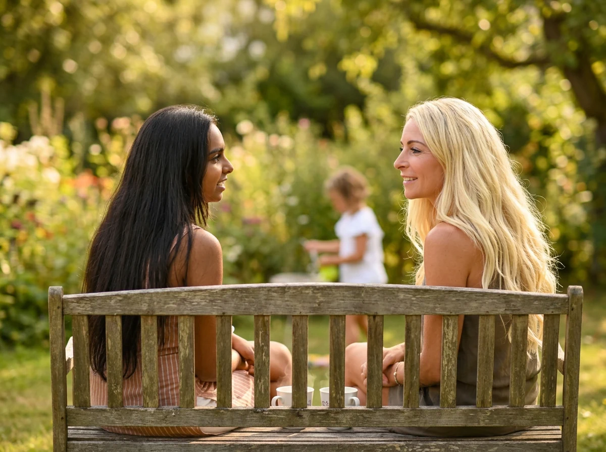 Zwei Frauen sitzen im Gespräch auf einer Gartenbank, Teetassen neben sich, im Hintergrund spielt ein Kind.