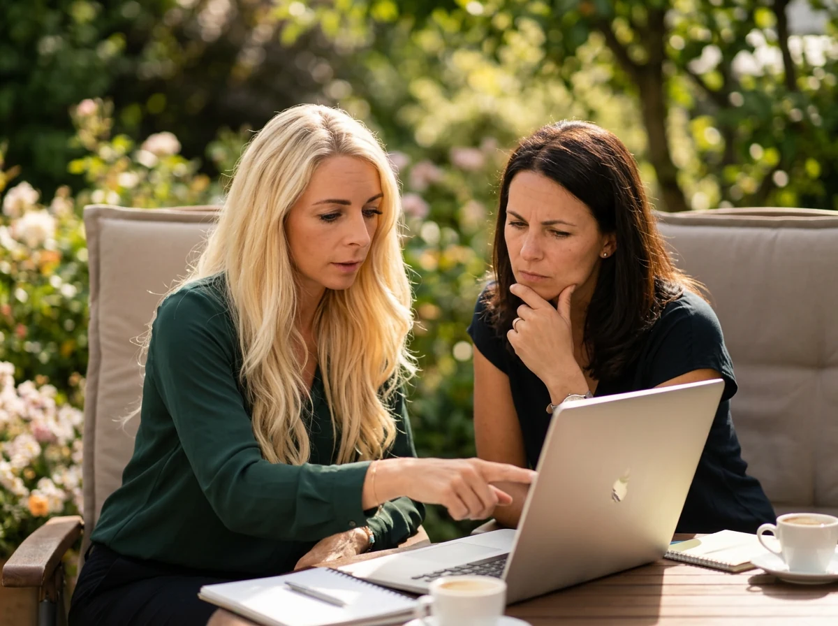 Zwei Frauen sitzen im Garten vor einem Laptop und sehen gemeinsam Unterlagen durch.