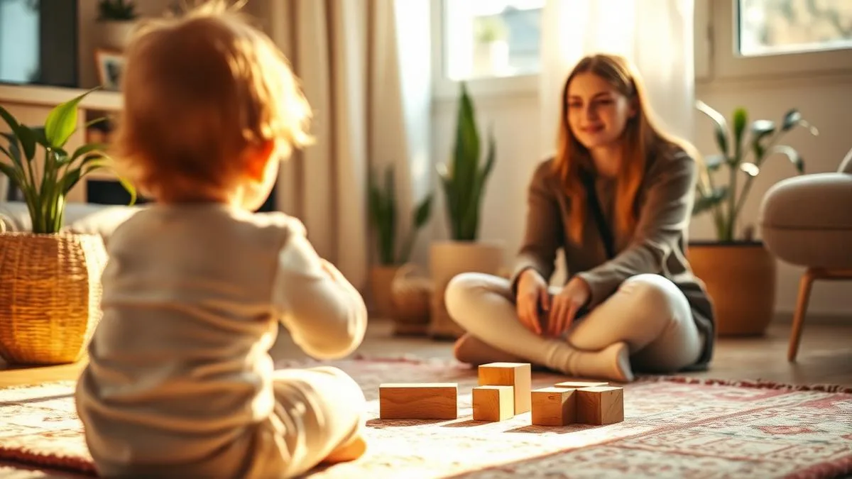 Ein Kind spielt auf dem Teppich, das Au-pair sitzt geduldig ein Stück entfernt.