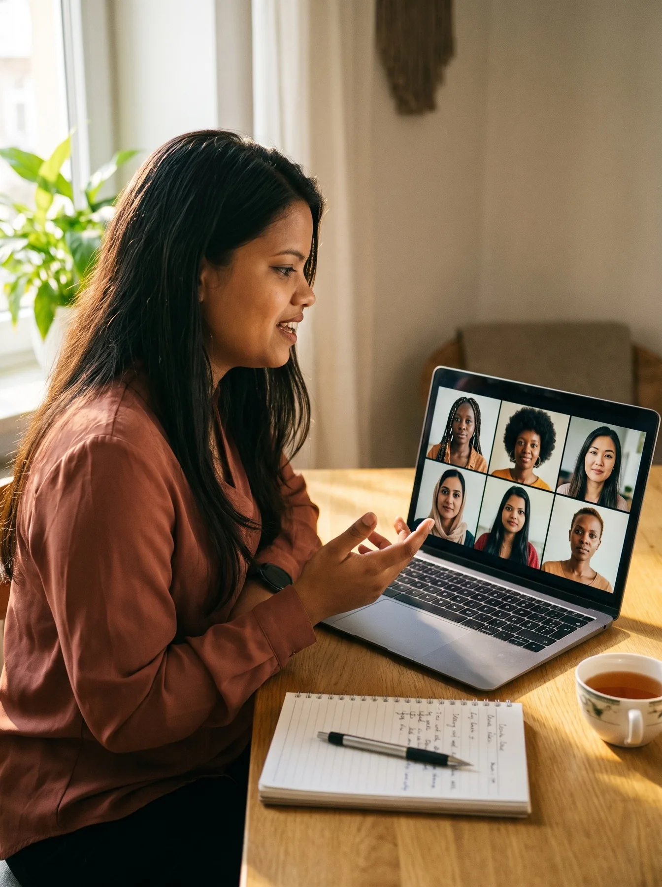 Eine Kollegin leitet an ihrem Laptop einen wöchentlichen Live-Call für unsere Au-pairs.