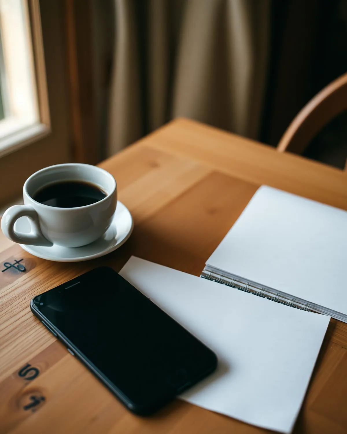 Ein Smartphone, eine weiße Kaffeetasse und ein handschriftlich beschriebener Notizblock auf einem Holztisch.