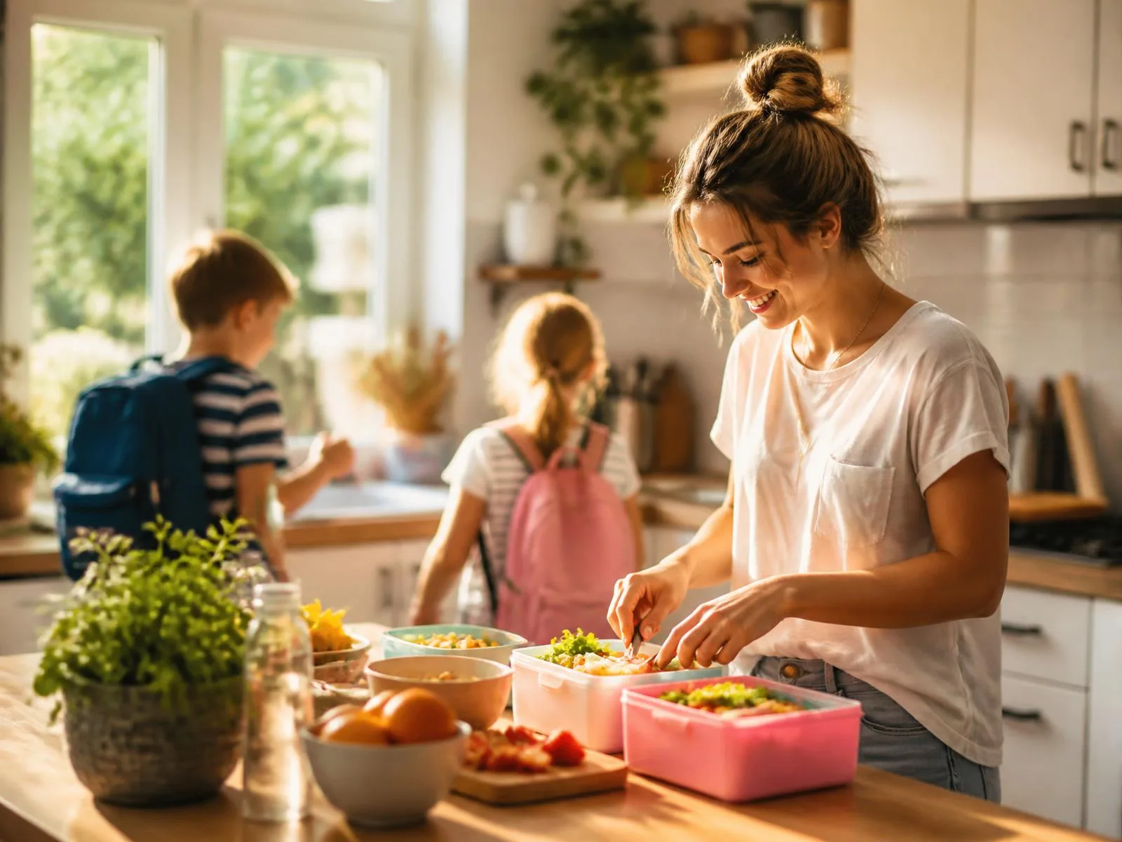 Au-pair richtet im Morgenlicht Brotdosen in der Küche, zwei Kinder mit Ranzen stehen abgewandt am Fenster.