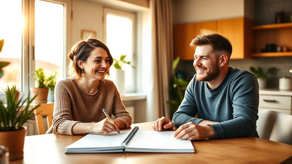 Familie plant gemeinsam am Küchentisch mit Kalender und Notizen.