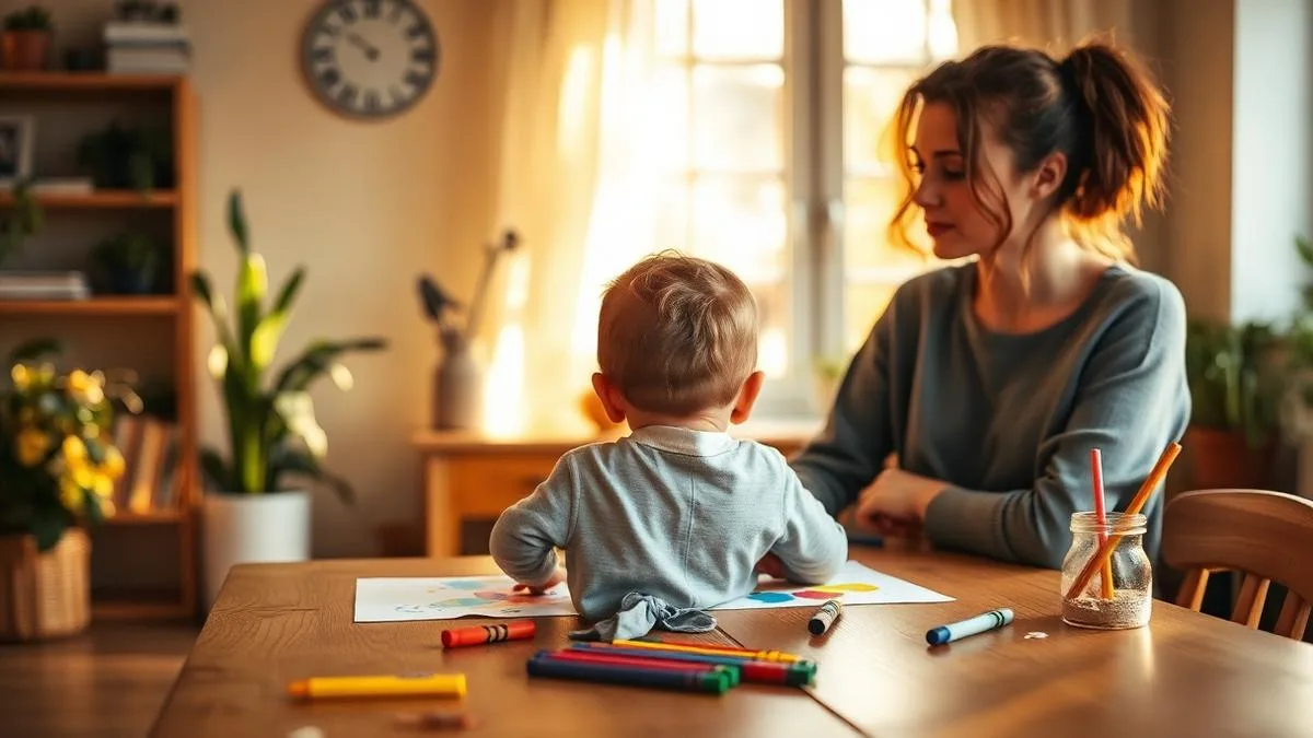Au-pair und Kind malen und basteln gemeinsam am Wohnzimmertisch.