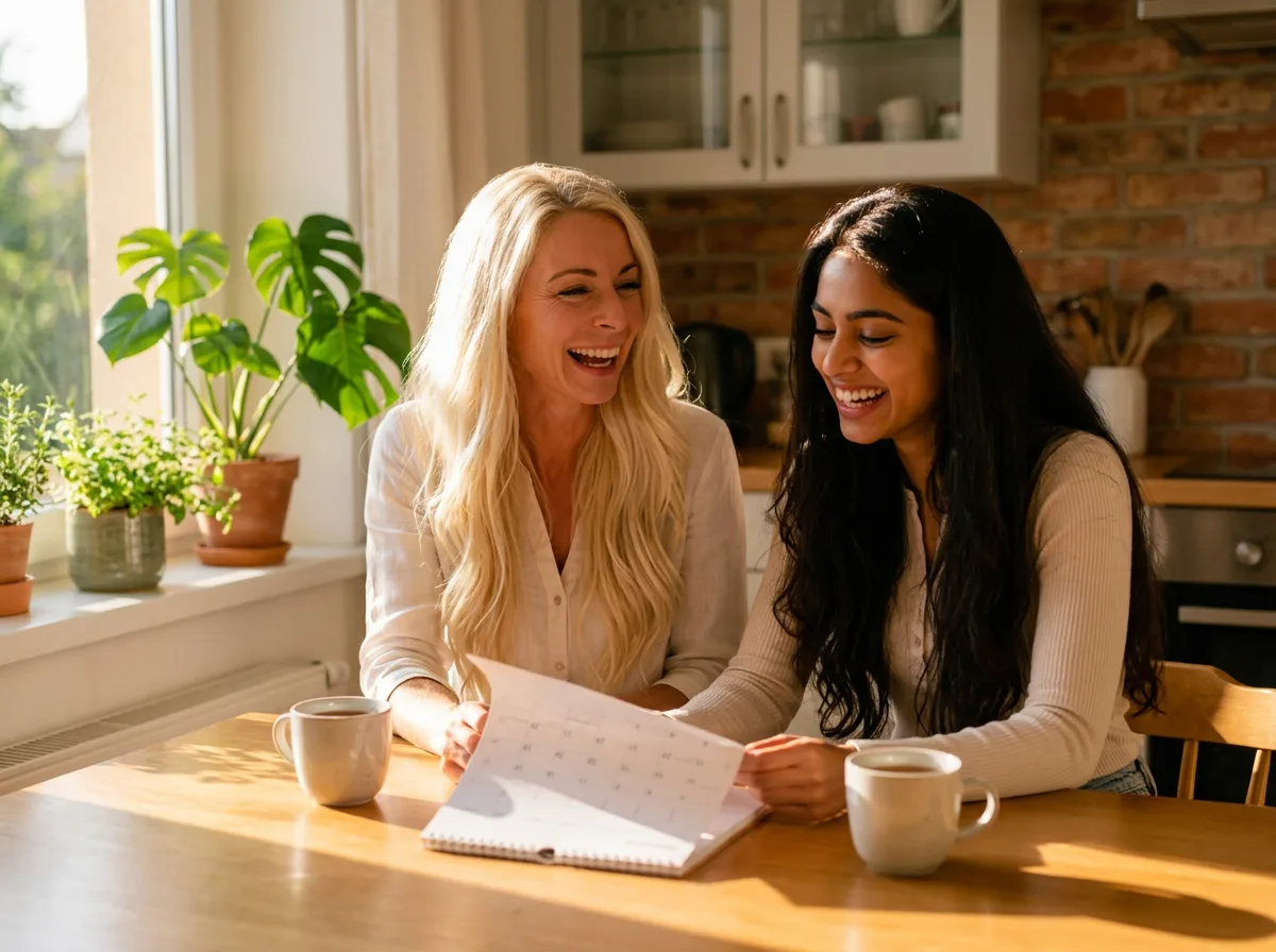 Gastmutter und Au-pair sitzen lachend mit zwei Tassen und einem aufgeschlagenen Kalender am Küchentisch