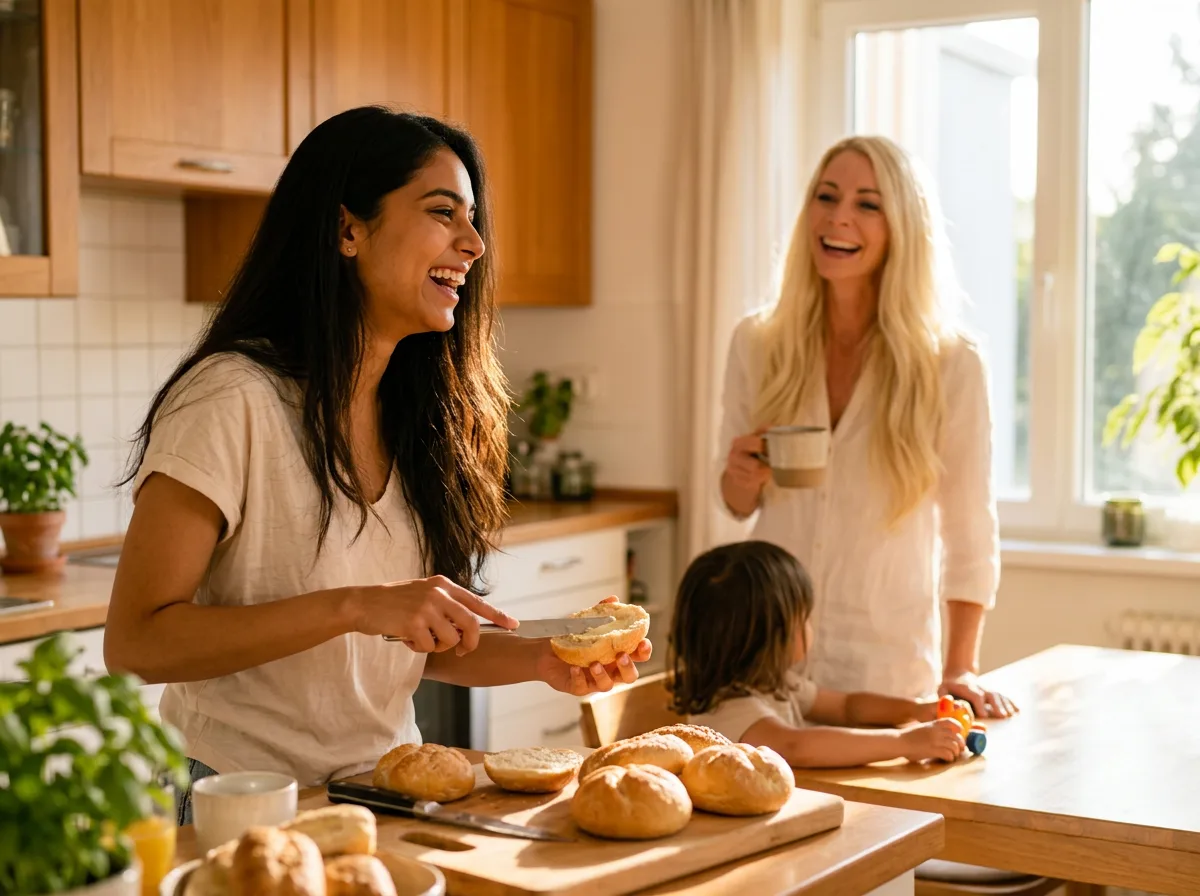 Au-pair schmiert lachend Brote in einer sonnigen Küche, ein Kind sitzt am Tisch, die Gastmutter steht mit Kaffeetasse dahinter