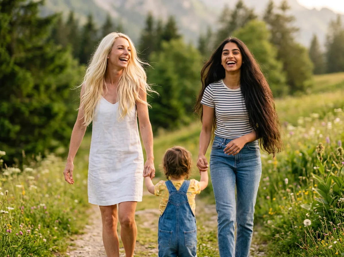 Gastmutter, Au-pair und Kind gehen lachend nebeneinander einen sonnigen Weg entlang, das Kind hält beide Hände