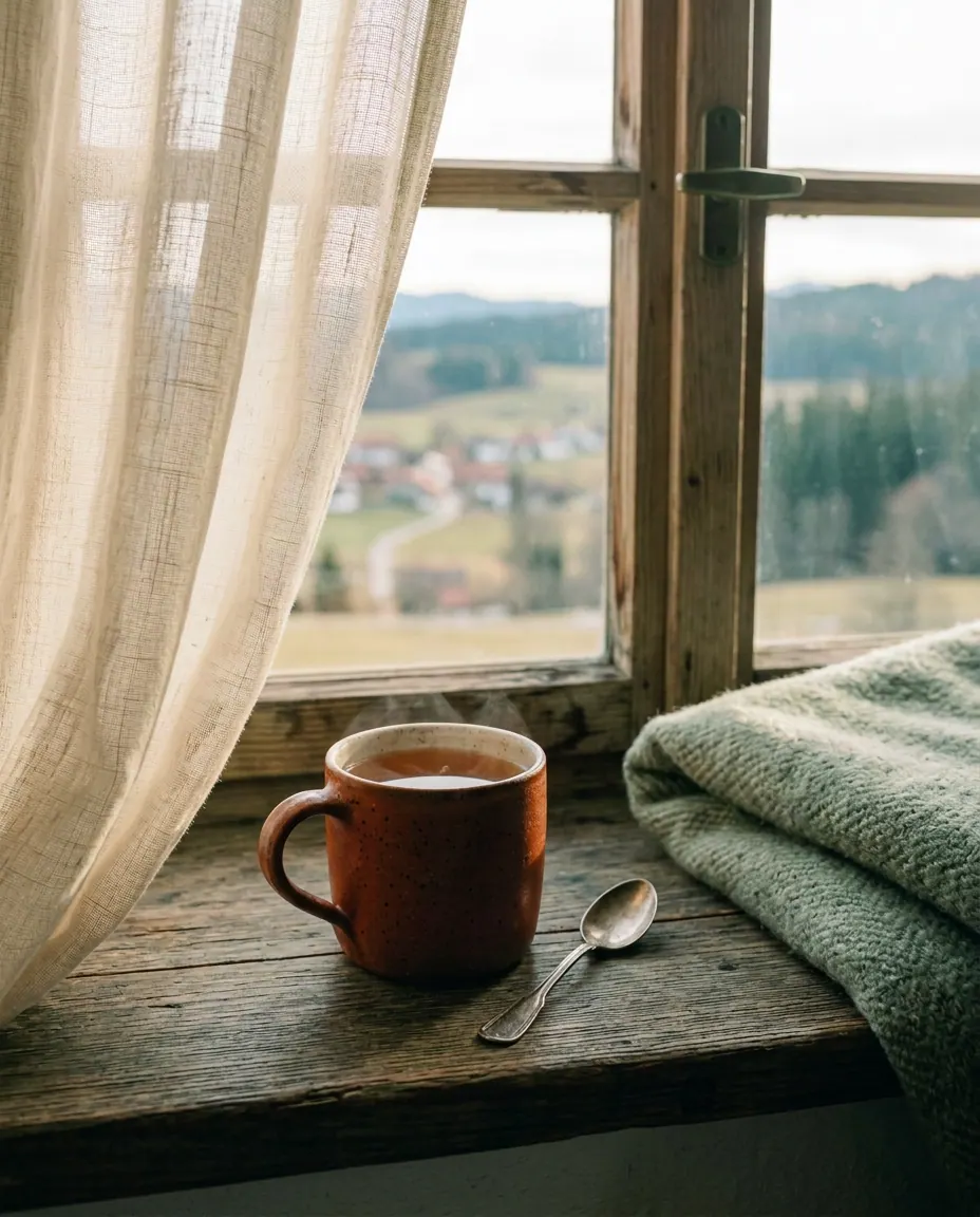Eine Tasse Tee steht auf einer Fensterbank im Tageslicht.