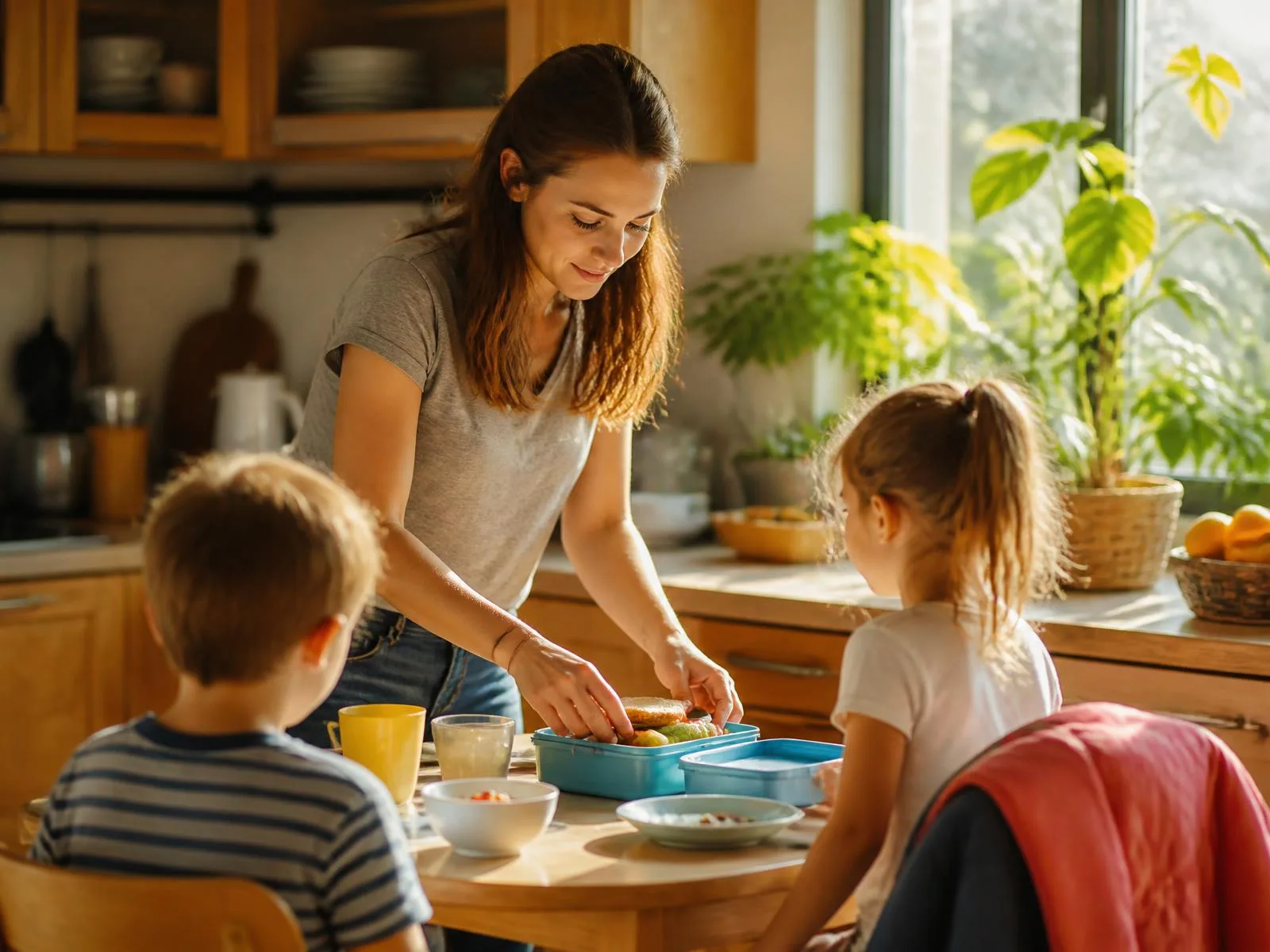 Au-pair bereitet am sonnigen Küchentisch mit zwei Kindern das Frühstück und die Brotdosen vor.