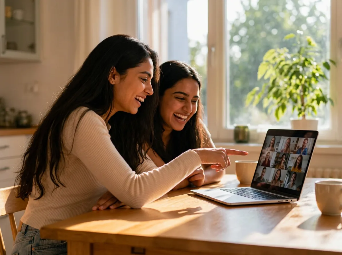 Zwei junge Frauen sitzen lachend am Holztisch vor einem Laptop mit Videokonferenz, eine zeigt der anderen etwas auf dem Bildschirm.