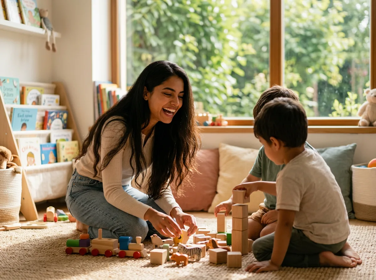 Eine junge Frau kniet lachend auf dem Teppich eines hellen Kinderzimmers und spielt mit zwei Kindern mit Holzspielzeug.