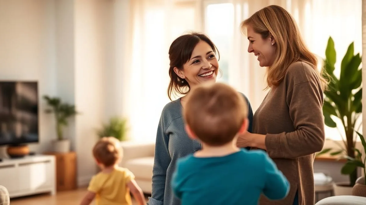 Eltern und Au-pair im Gespräch, im Hintergrund spielt ein Kind.