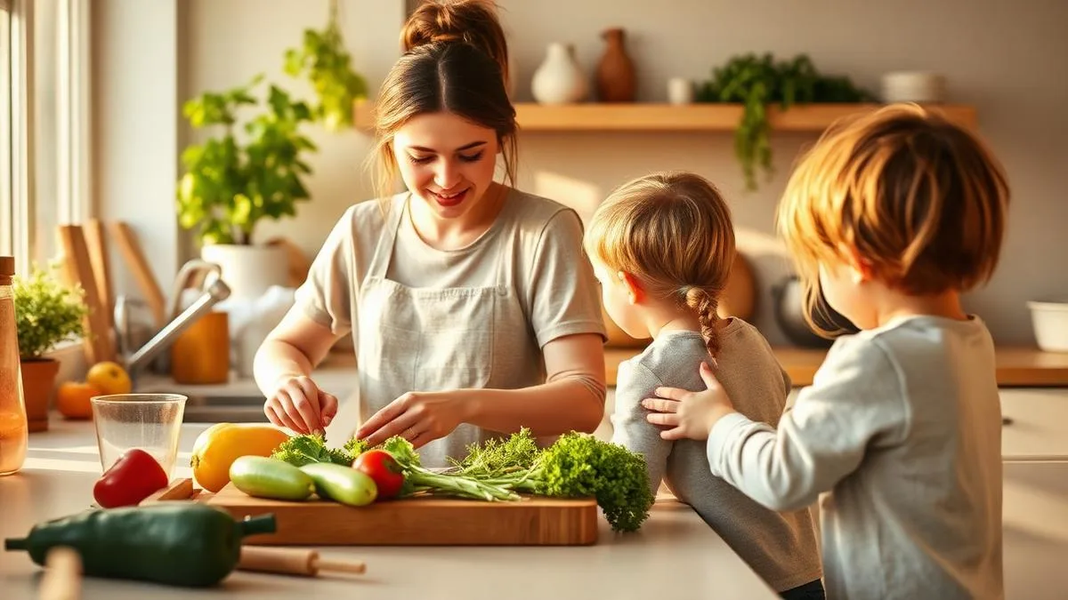 Au-pair bereitet mit zwei Kindern in der hellen Küche eine Mahlzeit zu.