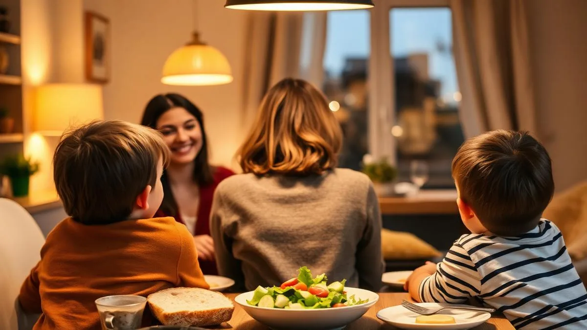 Familie sitzt abends gemeinsam am Esstisch, warmes Lampenlicht.