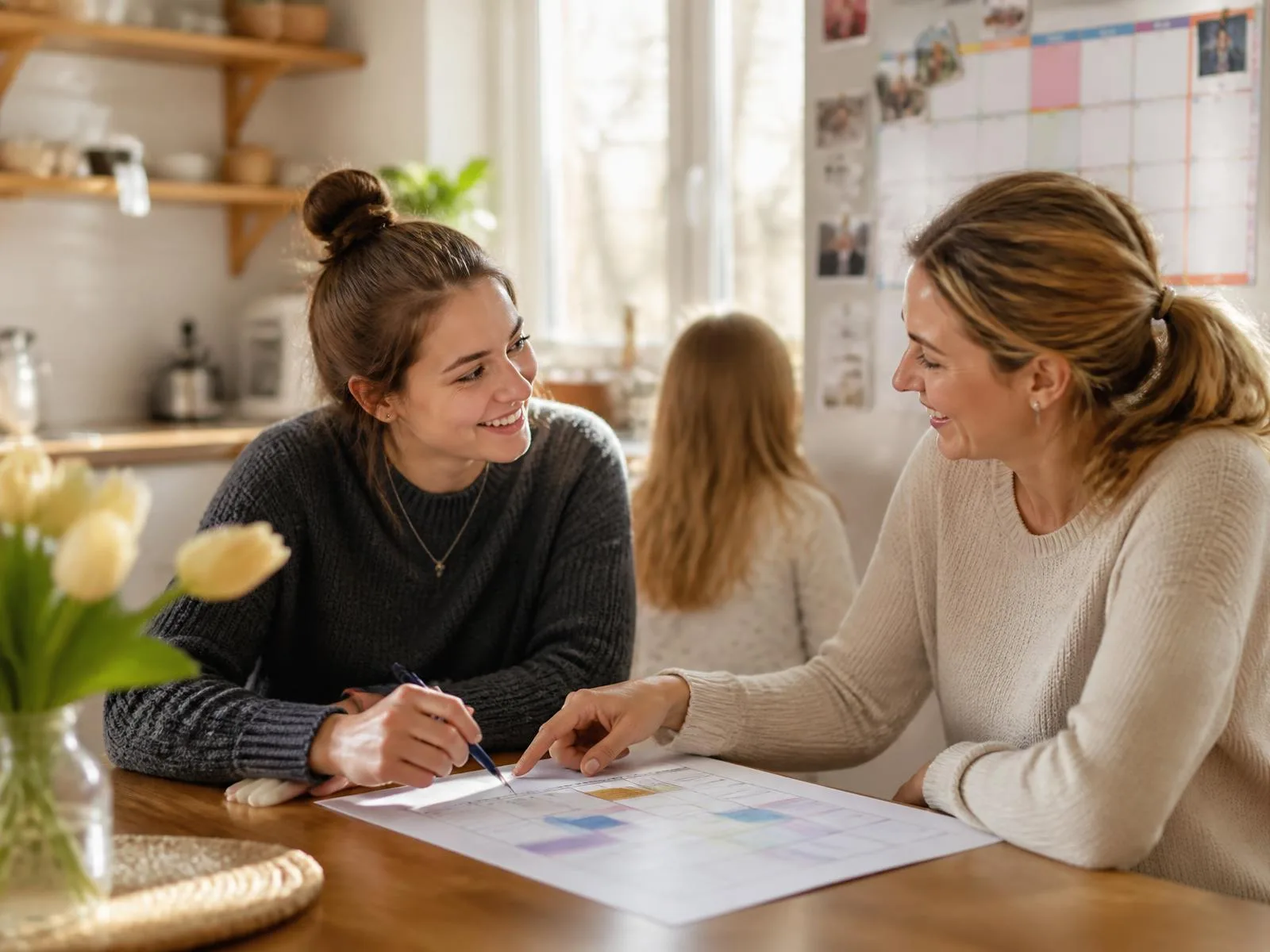 Gastmutter und Au-pair besprechen am Küchentisch einen ausgedruckten Wochenplan.