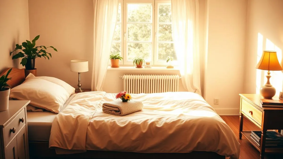 Wohnlich eingerichtetes Gästezimmer mit Bett, Pflanze und warmem Tageslicht.